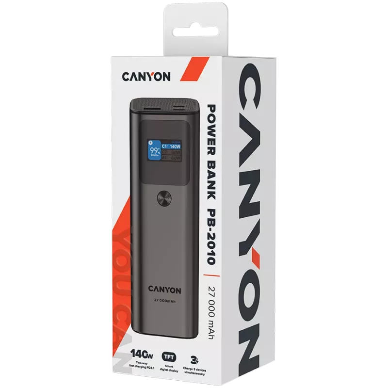Canyon PB-2010 - Powerbank - Li-Pol - 27 000 mAh - Digitaalekraan - 2xUSB-C + 1xUSB-A - Toide