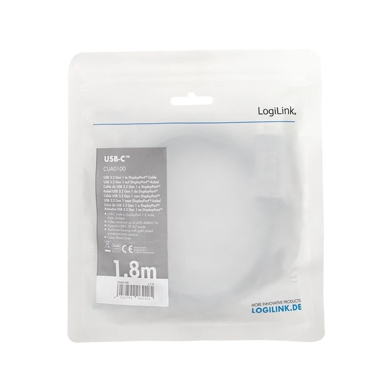 LogiLink CUA0100 kaabli pistikuüleminek DisplayPort USB 3.2 Gen1 USB-C 1,8 m must hall