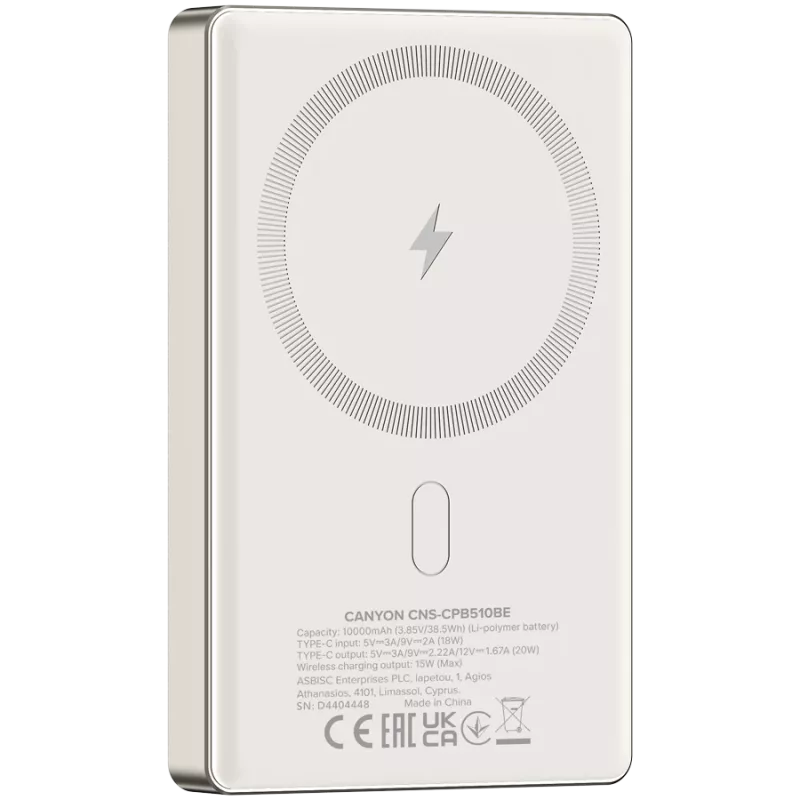 Canyon OnCharge 510 - Powerbank - 10 000 mAh - USB-C sisend - USB-C PD 20W väljund + juhtmeta magnet