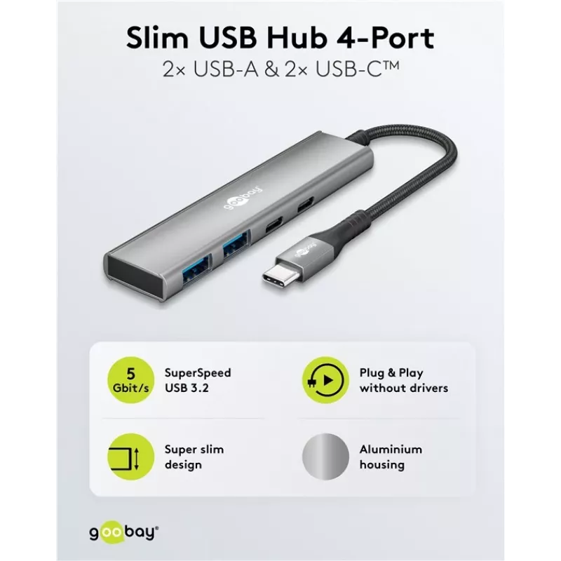 Goobay Slim 4-Port USB-Hub USB-C/USB-A 5 Gbit/s - Plug USB 3.2 (76563)