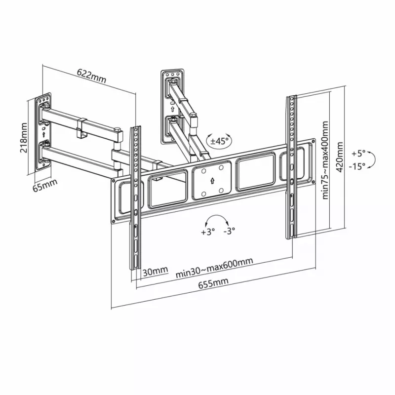 Seinale kinnitatav telerihoidik ART AR-85 32–70-tollistele teleritele, kuni 45 kg, kallutus -15–5°, pööre 45°, ulatus 118–622 mm, VESA 75x75–600x400