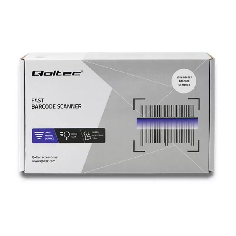Pihustatav vöötkoodilugeja QOLTEC 50868 — 1D/2D laserskanner, USB-juhtmega ja juhtmevaba, töökaugus 600 mm, must