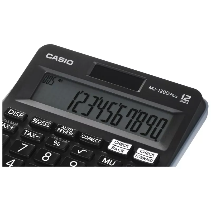 Lauakalkulaator CASIO MJ-120D PLUS — lihtne 12-kohaline, aku/päikesepatarei, 35 klahvi, maksu- ja ruutjuurefunktsioon, must