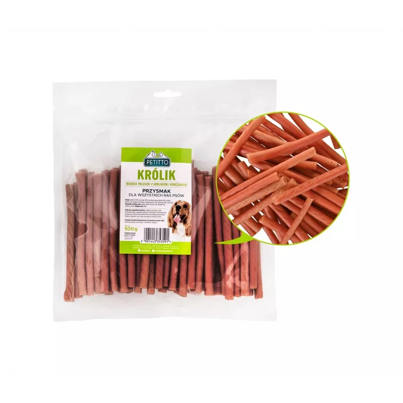 Koerte maiuspalad PETITTO Soft rabbit fingers — küülikumaitselised pehmed närimispulgad koertele, 500 g, treeningmaius, täiskasvanud, sojavaba, gluteenivaba