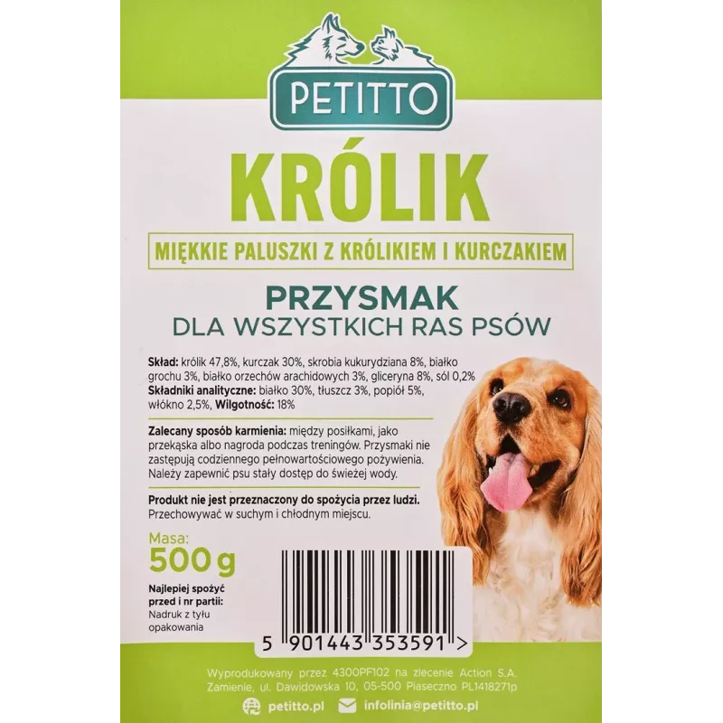 Koerte maiuspalad PETITTO Soft rabbit fingers — küülikumaitselised pehmed närimispulgad koertele, 500 g, treeningmaius, täiskasvanud, sojavaba, gluteenivaba