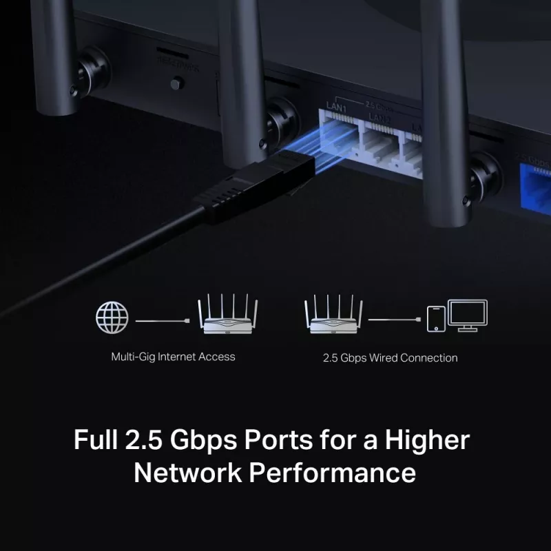 Lauaruuter MERCUSYS MR47BE — kolmeribalane Wi‑Fi 7 (2,4/5/6 GHz), 9300 Mbps, 3× RJ‑45, 2,5GbE, 6 välist antenni