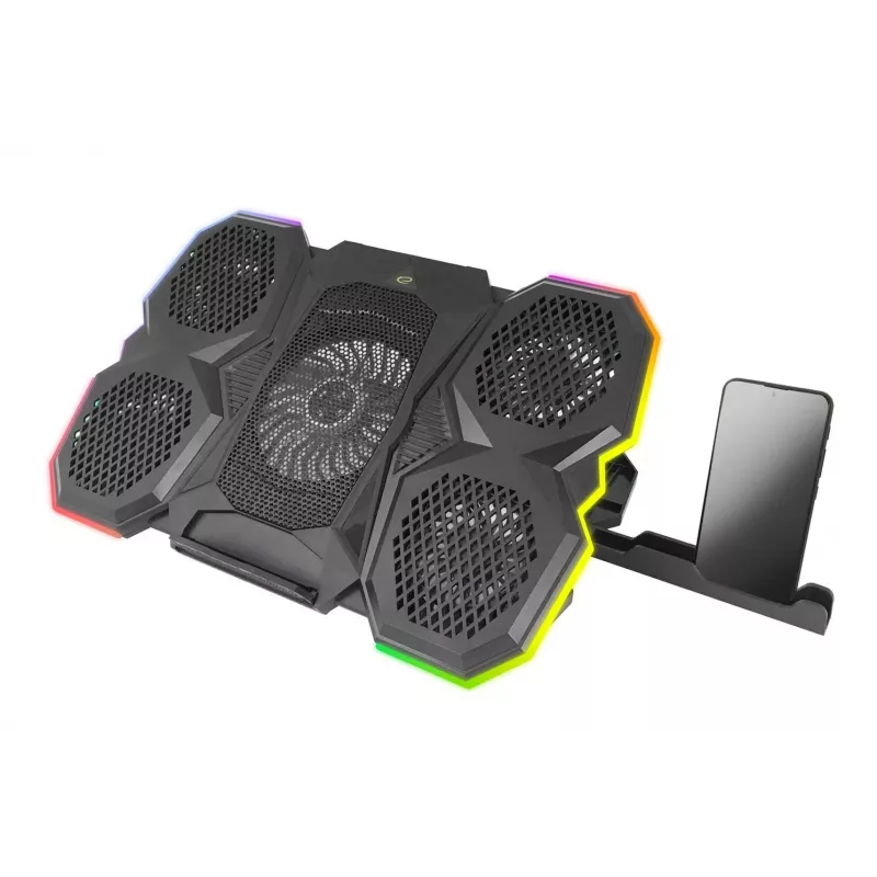 Sülearvuti jahutusalus ESPERANZA EGC107 — 3 ventilaatorit 1200–2600 p/min, 390×255×38 mm, USB PD, RGB, 5 kõrgusasendit, must
