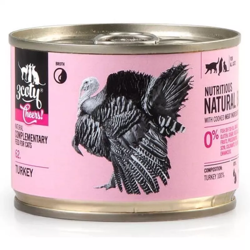 Täiendav märg kassitoit 3coty TURKEY Cheers! purk 160 g — monoproteiin, täiskasvanud, gluteeni- ja suhkruvaba