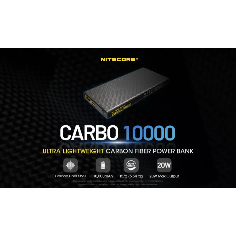 Kaasaskantav akupank Nitecore CARBO 10000 — liitiumioon 10000 mAh, 38 W PD, USB‑A + USB‑C, hall