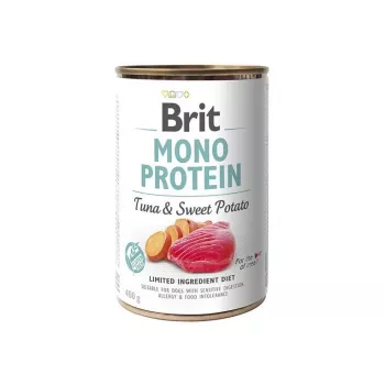 Märg koeratoit Brit Mono Protein tuunikala maguskartuliga 400 g — ainult üks loomne valk, täisväärtuslik konservtoit