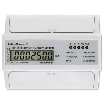 Qoltec kolmefaasiline kahesuunaline elektrooniline arvesti | DIN-rööpale paigaldatav energiatarbimise arvesti | 400V | 100A | LCD | 4P