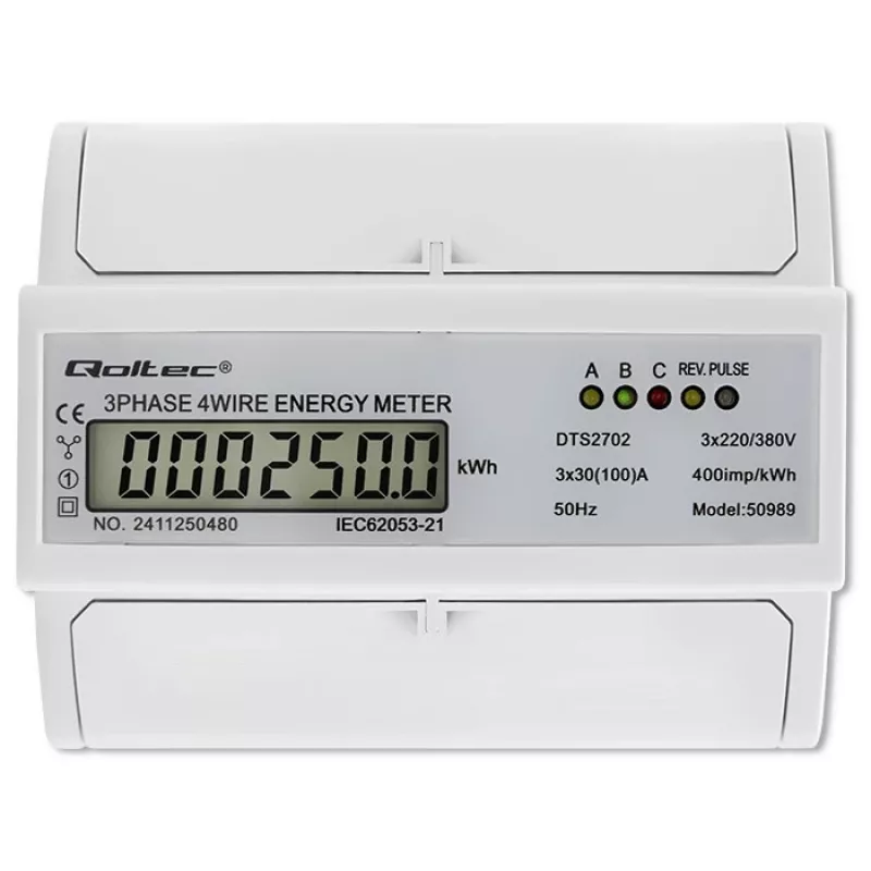 Qoltec kolmefaasiline kahesuunaline elektrooniline arvesti | DIN-rööpale paigaldatav energiatarbimise arvesti | 400V | 100A | LCD | 4P