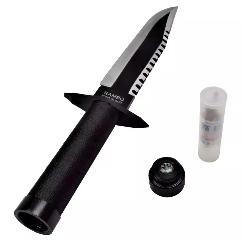 Fixed-blade survival knife cinema classic Rambo I CC-H1 — 360 mm üldpikkus, 225 mm sakiline terasest tera, must nahast tupp