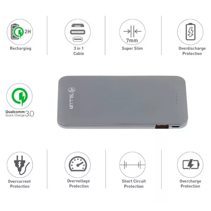 Kaasaskantav akupank Tellur QC 3.0 kiirlaadimine, 5000 mAh