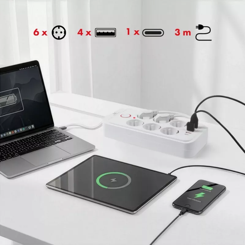 Pikendusjuhe MACLEAN MCE391 W — 6 pistikupesa, 4×USB-A + 1×USB-C, 3 m kaabel, 110–240 V, 2500 W, valge