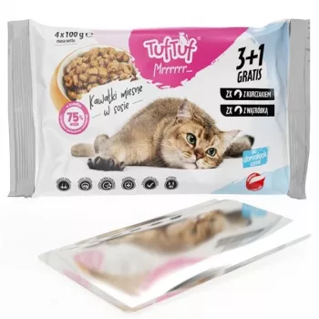 Märg kassitoit TufTuf Variety Pack 4×100 g (2×kana, 2×maks) - täiskasvanud, täisväärtsööt, 81,5% niiskust