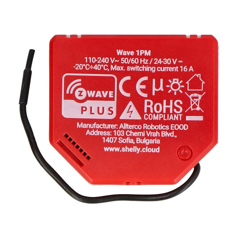 Nutikell Shelly W 1PM plastist 16A 110–240 V, Z‑Wave, 868,4 MHz, punane, 42×37×16 mm