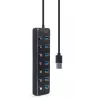 USB-jaotur Gembird UHB-U3P7P-01, 7-pordiline USB 3.2 Gen 1 (Type-A), 0,24 m kaabel, must