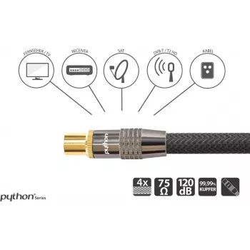 SAT antennikaabel, IEC/koaks-pistik ja -pesa, kullatud, varjestusaste 120 db, 75 oomi, nailonpunutis must, 1m, PYTHON® seeria (GC-M2011)