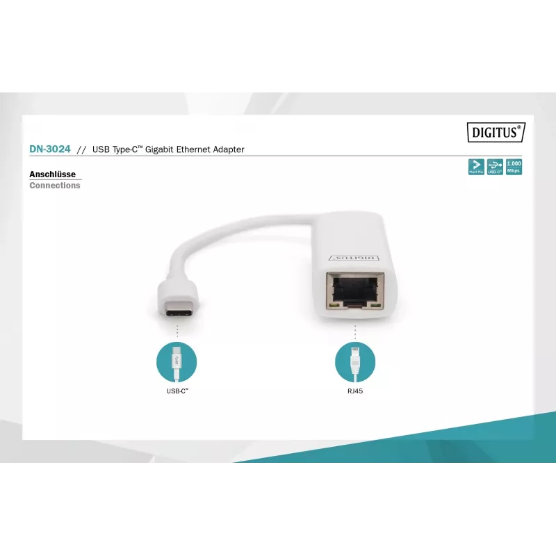 Digitus DN-3024 USB 3.0 adapter 20 cm 1x USB-C – 1x RJ45 varjestatud