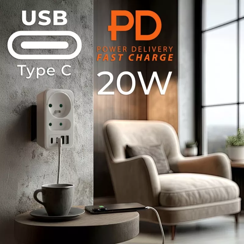 Jagaja MACLEAN MCE249 F/W — 2 voolupesa (16 A + 6 A) ja 4 USB-porti (2× A, 2× C PD 20 W)
