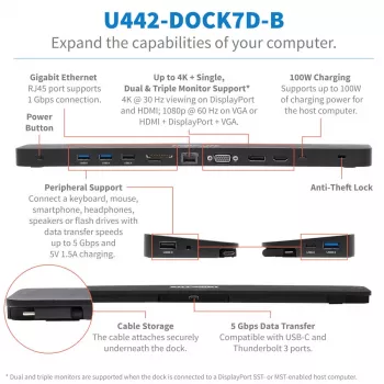 USB-C dokk, kolmekordne ekraan - 4K HDMI ja DP, VGA, USB 3.2 Gen 1, USB-A/C jaotur, GbE, 100 W PD laadimine