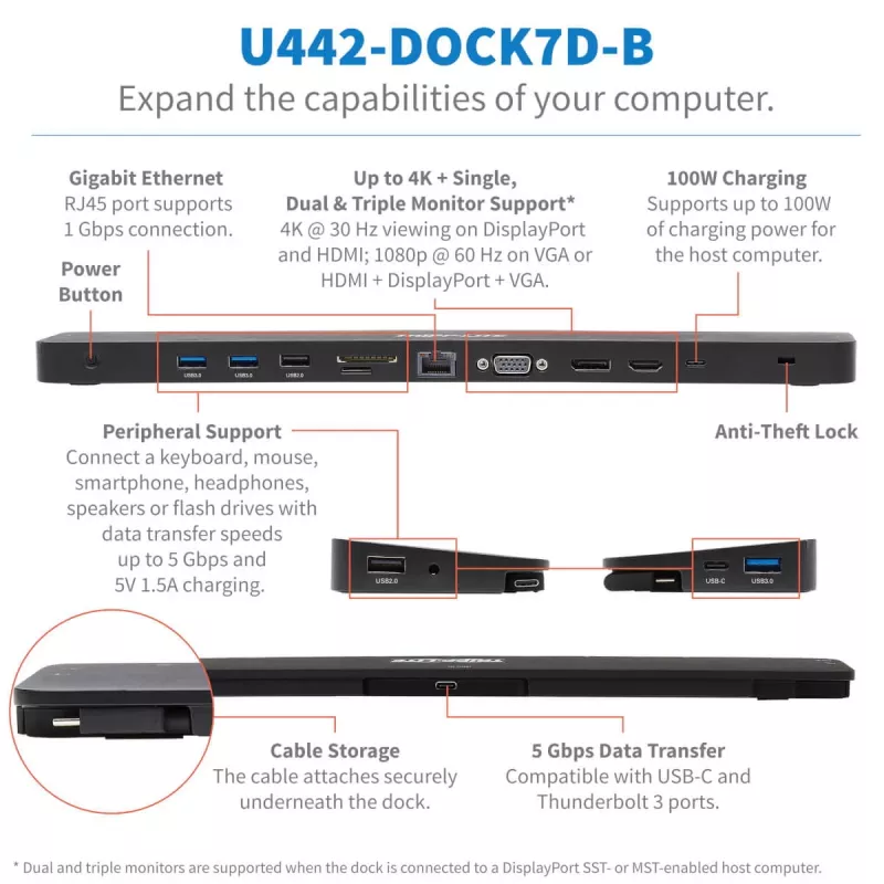 USB-C dokk, kolmekordne ekraan - 4K HDMI ja DP, VGA, USB 3.2 Gen 1, USB-A/C jaotur, GbE, 100 W PD laadimine