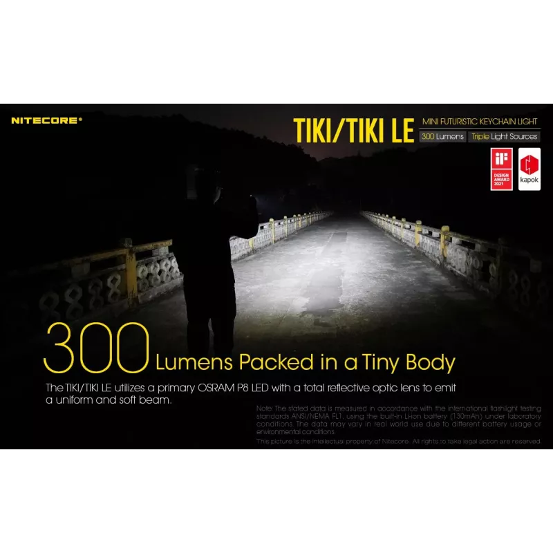Käsitaskulamp Nitecore TIKI LE — 300 lm, USB-laetav, polükarbonaat, IP66, põrutuskindel, 10,5 g, 55 mm, Must
