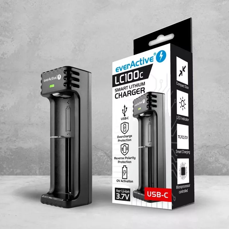 Akulaadija everActive LC100C USB-C Li-Ion elementide jaoks, USB-C sisend, mudel LC100C
