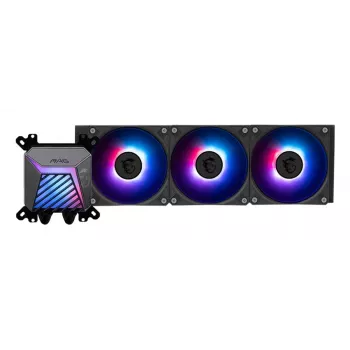 All-in-one vedelikjahuti MSI MAG Coreliquid A15 360 — 3x 120 mm ventilaatorit, radiaator 394 x 120 x 27 mm, pump 5V, RGB, toetab LGA 1851