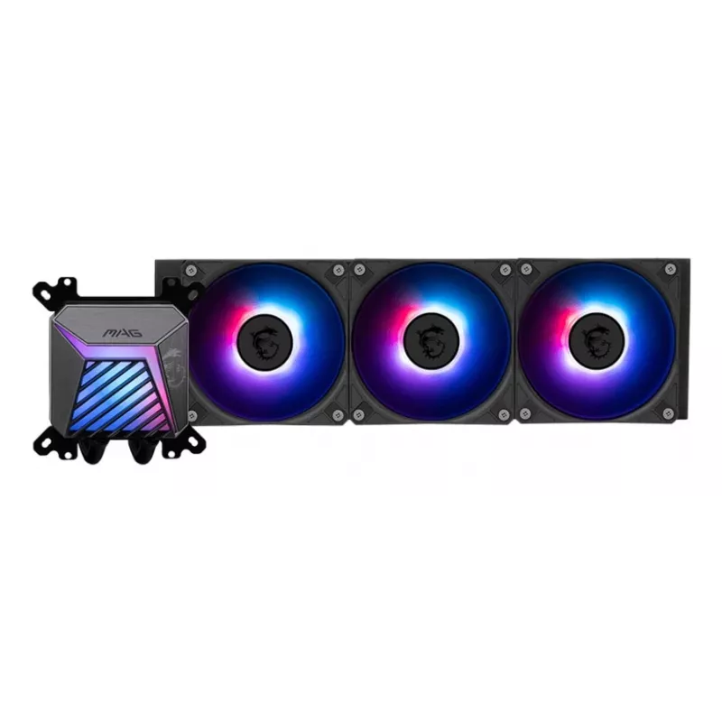 All-in-one vedelikjahuti MSI MAG Coreliquid A15 360 — 3x 120 mm ventilaatorit, radiaator 394 x 120 x 27 mm, pump 5V, RGB, toetab LGA 1851
