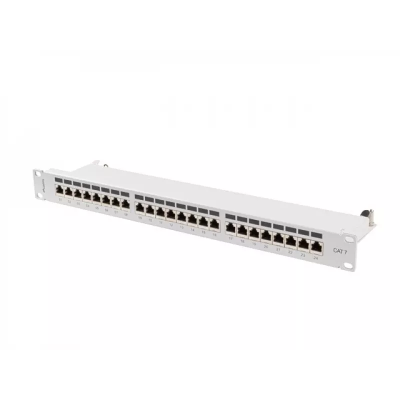 Patch panel 1U LANBERG PPS7-1024-S — 24 pordiga, Cat7, F/UTP, metall, 1U (445×102×44,5 mm)