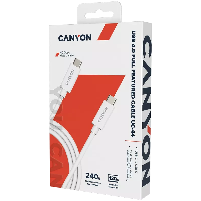 CANYON UC-44, kaabel, U4-CC-5A1M-E, USB4 TYPE-C – TYPE-C kaablikomplekt 40G 1m 5A 240W (ERP) E-MARK, CE, ROHS, valge