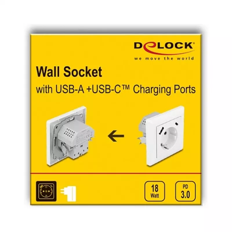 DeLOCK 11499 pistikupesa tüüp F koos USB-A ja USB-C-ga, valge