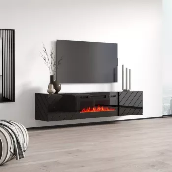 TV kapp cama meble LUXE 301126 sisseehitatud elektrikaminaga, 182,6×34,5×37,5 cm, must läikiv