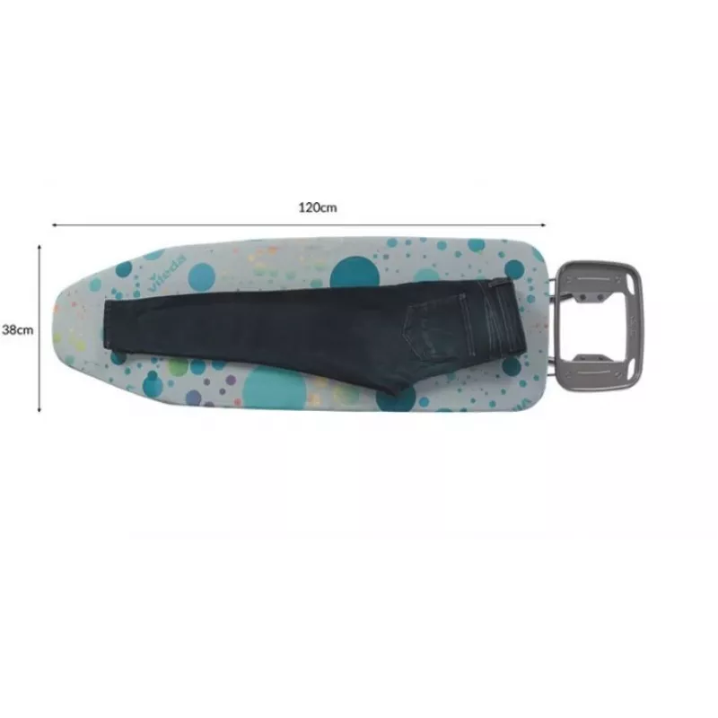 Täissuuruses triikimislaud Vileda 4023103218932 — täissuuruses, roostevabast terasest jalad, laud 1200×380 mm, kõrgus 75–96 cm, kokkupandav, triikrauahoidik