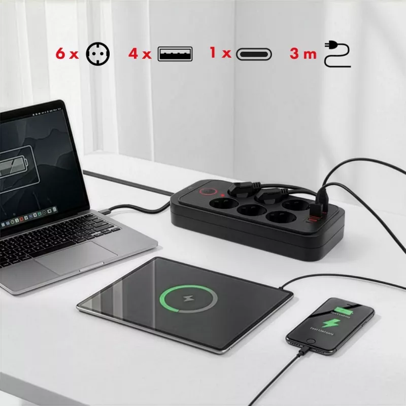 Pikendusjuhe MACLEAN MCE391 B – 6 pistikupesa, 4×USB-A + 1×USB-C, 110–240V, 2500W, 3 m kaabel, must