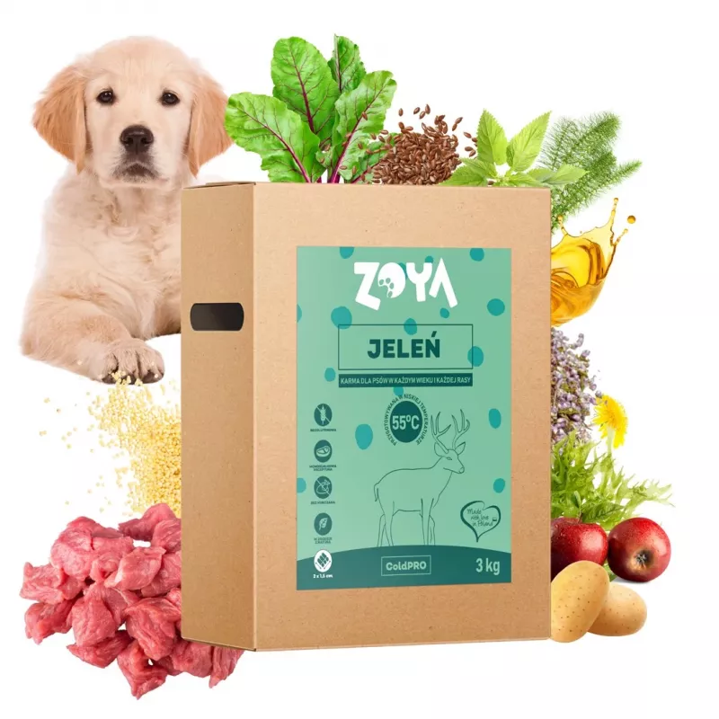 Kuiv koeratoit ZOYA ColdPRO Deer 3 kg — täiskasvanud koertele, piiratud koostisosadega hirveliha retsept, 26% valku, 9,5% rasva