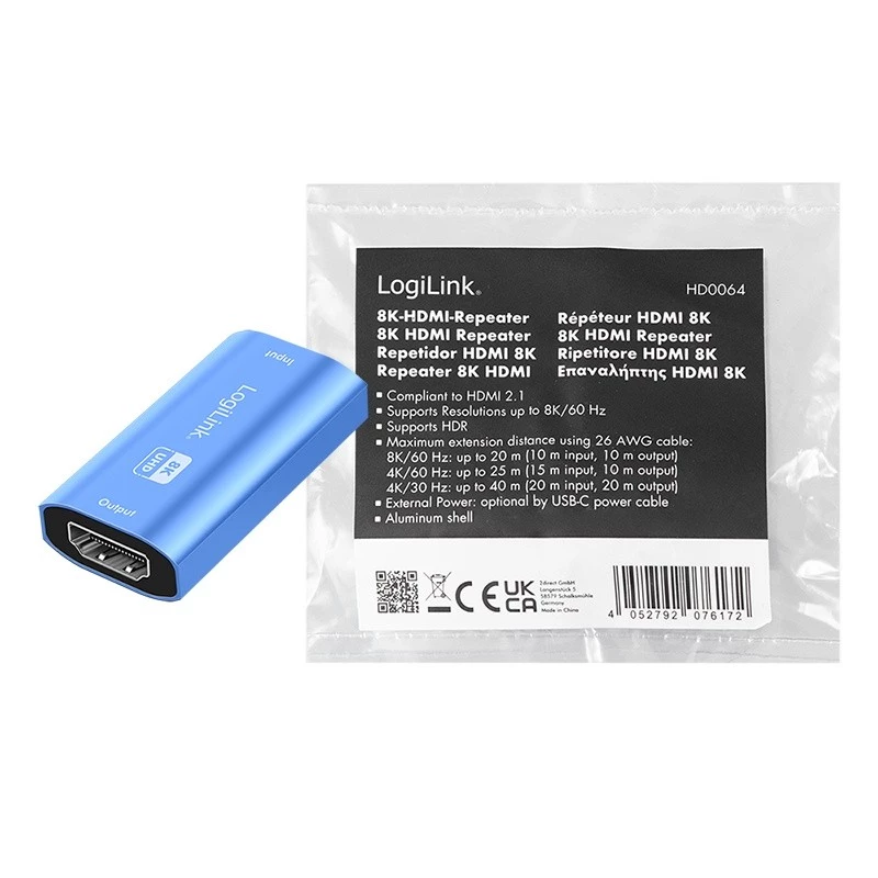 HDMI repiiter, 20m, 8K 60Hz, HDCP 2.3 alu, sinine