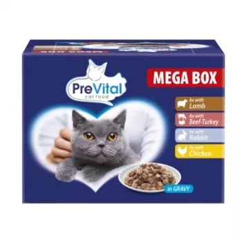 PREVITAL Kassitoit Megaboks lambaliha, veiseliha, küüliku ja kanaga kastmes - märg kassitoit - 24 x 100g