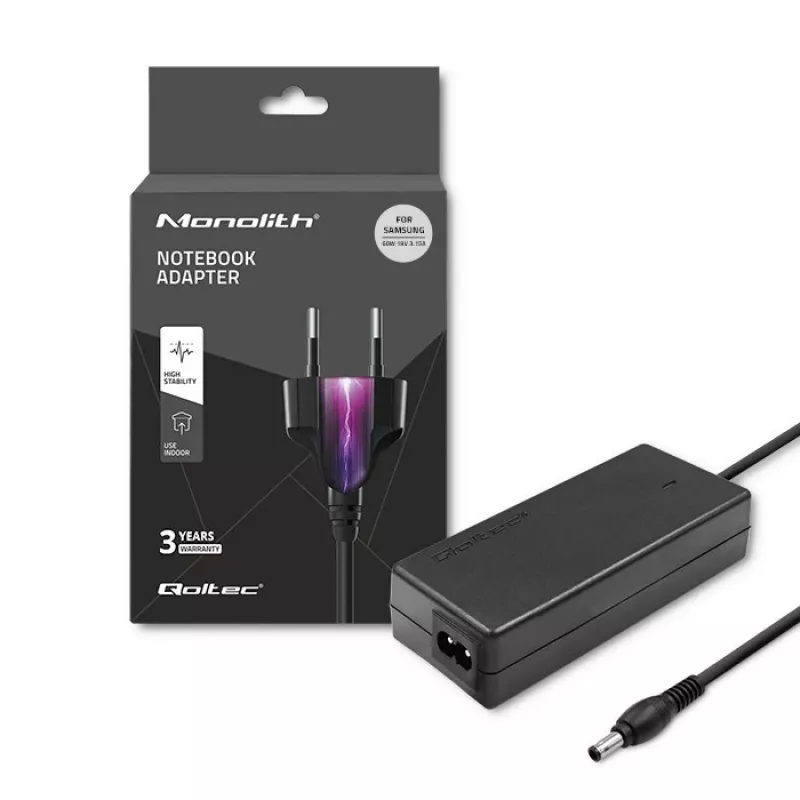 Qoltec 50015.60W toiteadapter Samsungile | 60W | 19V | 3,15A | 5,5*3,5+pin | +toitekaabel