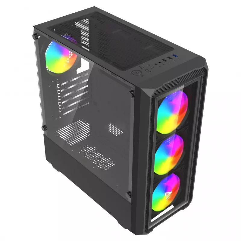 PC kuubikujuline korpus SAVIO Noctis Glass RGB — must, ATX/Micro-ATX, 210×410×450 mm, 3×120 mm esiventilaatorid