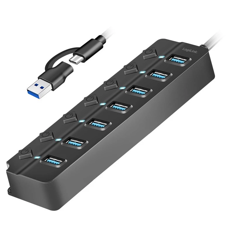 USB 3.2 Gen1 jaotur, 7 porti sisse/välja lülitiga, must