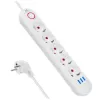 Pistikupesade jaotur MACLEAN MCE395 W — 5 pistikupesa, 3× USB A, 110–240 V AC, 2,1 A USB, max 2500 W, valge, 1,5 m kaabel