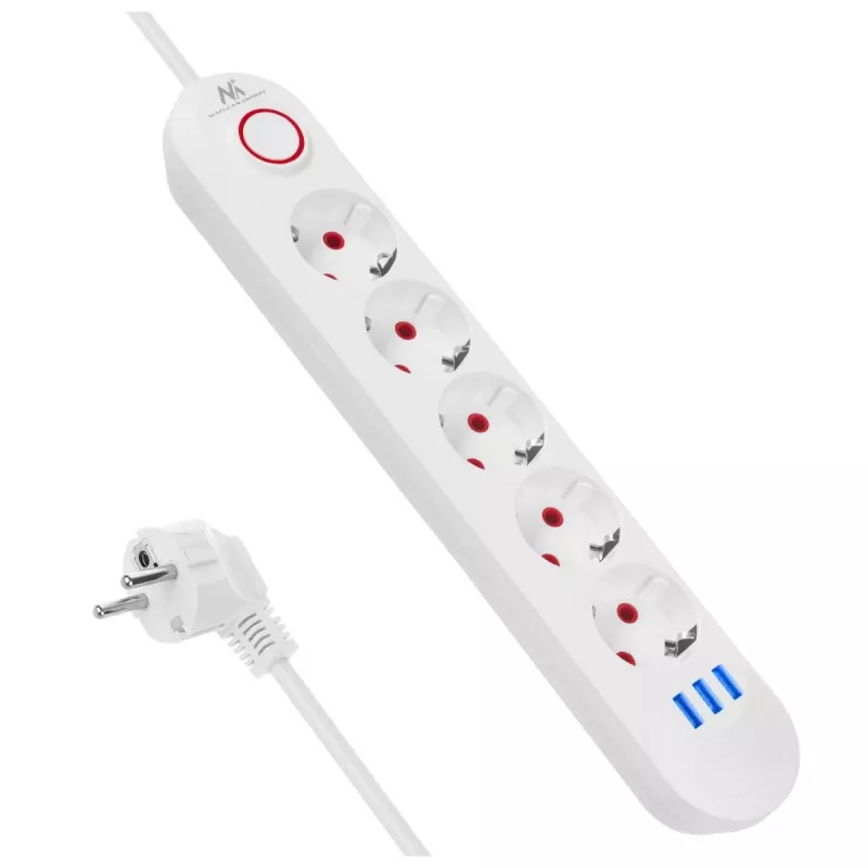 Pistikupesade jaotur MACLEAN MCE395 W — 5 pistikupesa, 3× USB A, 110–240 V AC, 2,1 A USB, max 2500 W, valge, 1,5 m kaabel