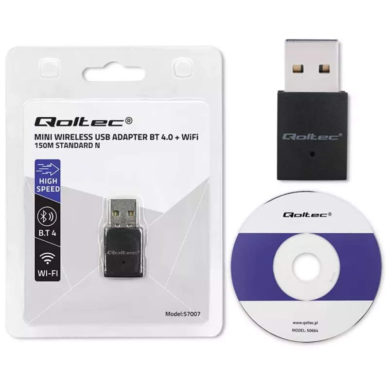 Juhtmevaba mini-USB Wi-Fi-adapter QOLTEC 57007 – üheribaline 2,4 GHz, kuni 150 Mbit/s, sisemine antenn