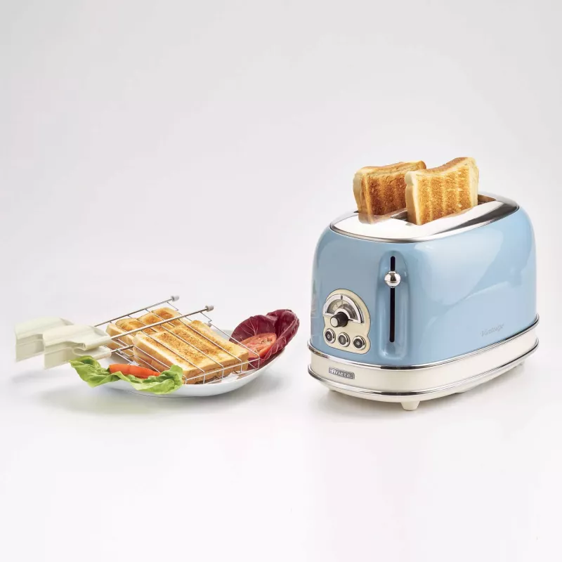 Ariete 155 Design 2 Slice Röstsai valmistaja võileivakorvidega, 6 röstimisastet, 810 W, roostevabast terasest korpus, eemaldatav purukauss, pastellsinine