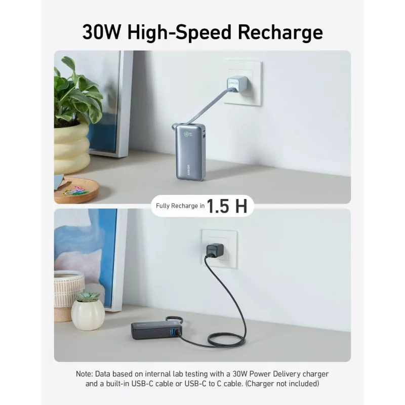 Powerbank 545 NANO 30W 10000mAh sisseehitatud USB-C kaabliga, must