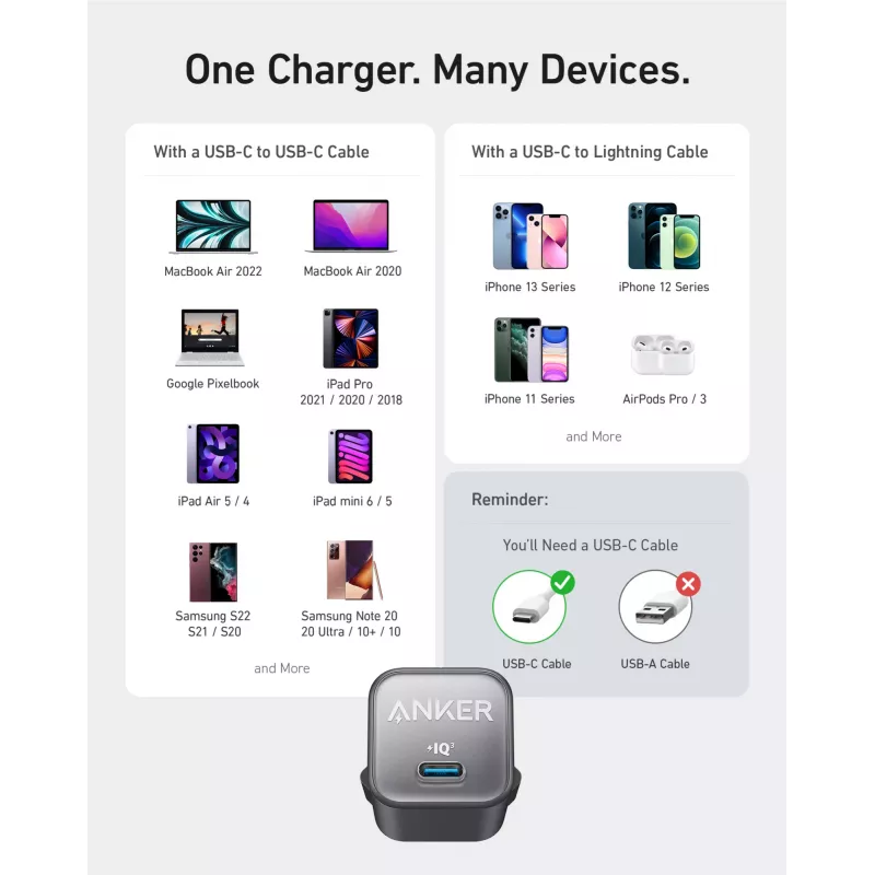 Sisemaine vahelduvvoolu laadija Anker 511 Nano 3 — 30 W, 1× USB-C, 100–240 V, must