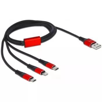 USB-laadimiskaabel DeLOCK 3-in-1 Type-A – Lightning / 2 × USB USB-C 1 m must / punane